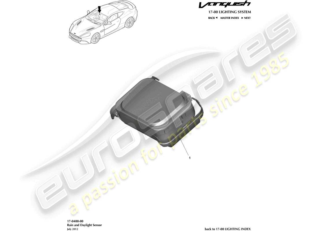 aston martin vanquish (2017) teilediagramm des regen- und tageslichtsensors