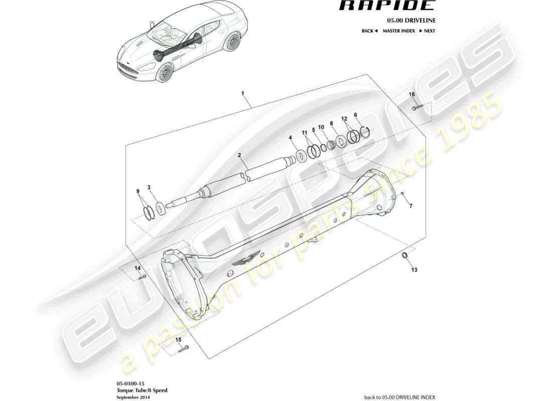 aston martin rapide (2011) drehmomentrohrbaugruppe, 8 spd ersatzteildiagramm