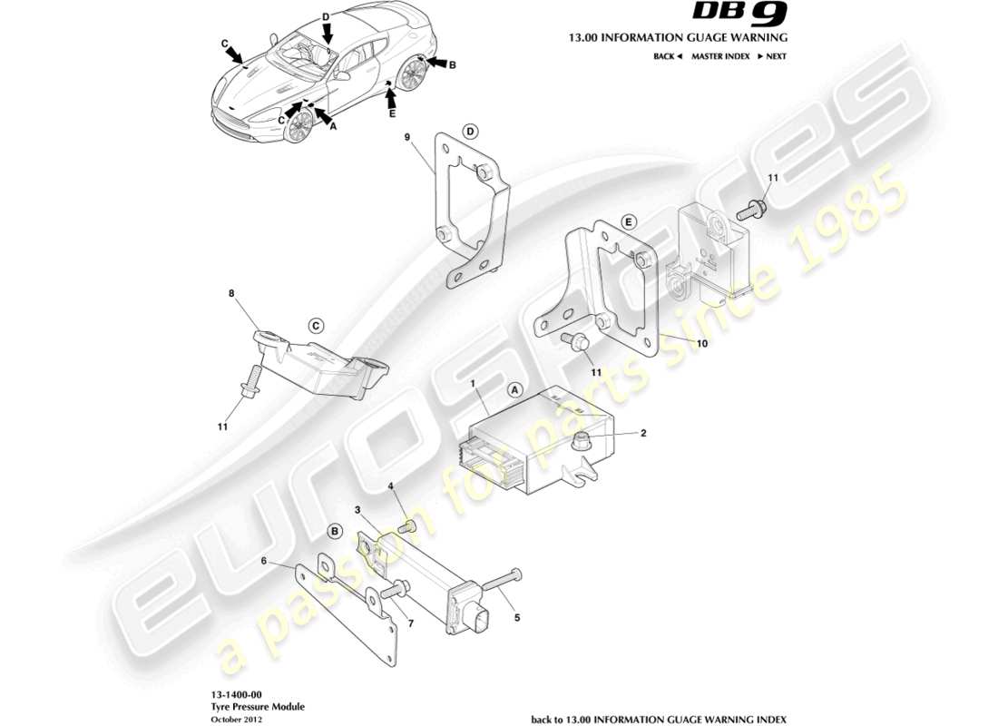 aston martin db9 (2015) teilediagramm des reifendruckmoduls