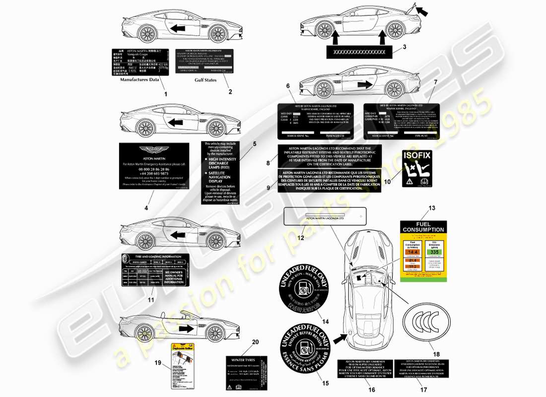 aston martin vanquish (2014) teilediagramm für außenaufkleber
