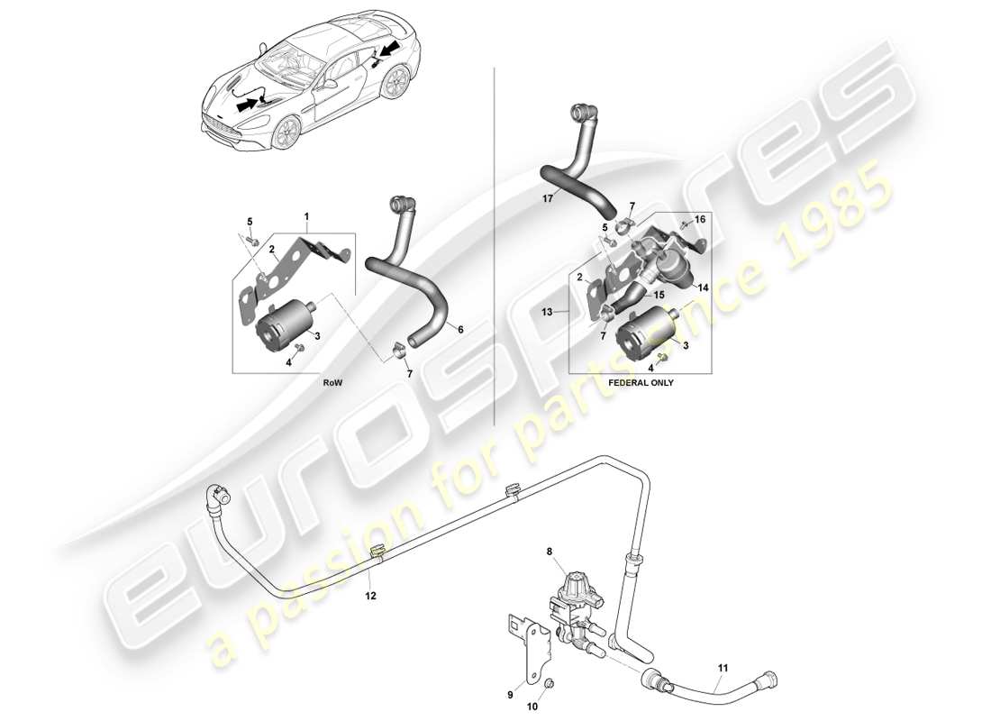 aston martin vanquish (2014) teilediagramm für verdunstungsemissionen