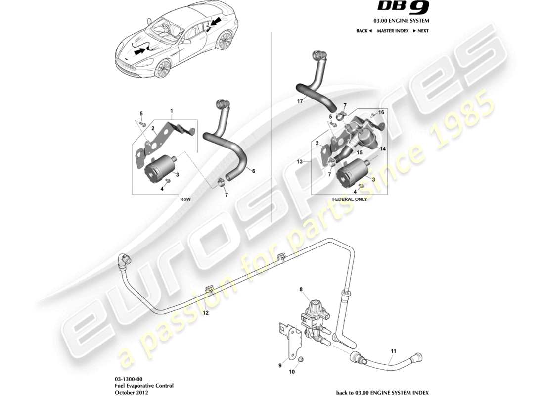 aston martin db9 (2014) teilediagramm für verdunstungsemissionen