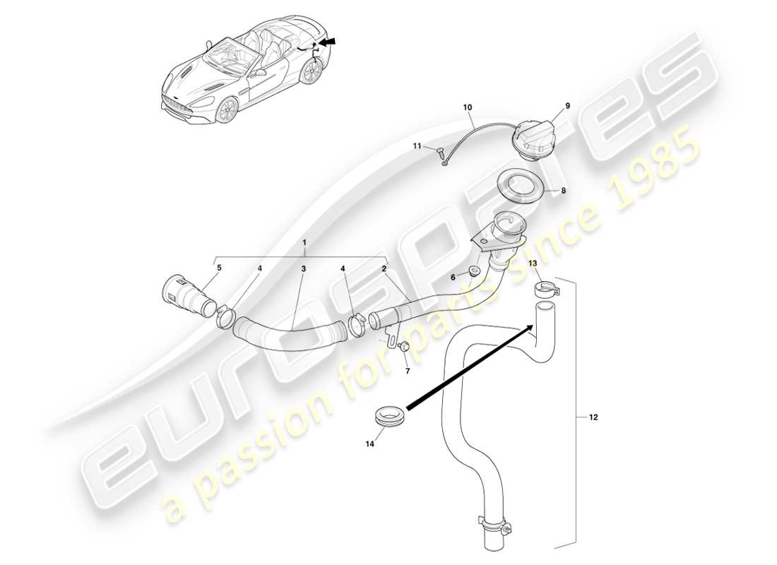 aston martin vanquish (2013) tankfüllerbaugruppe, volante-ersatzteildiagramm