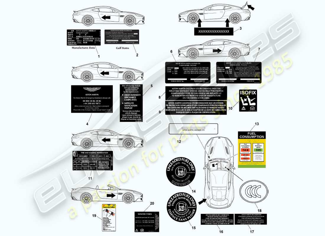 aston martin vanquish (2013) teilediagramm für außenaufkleber