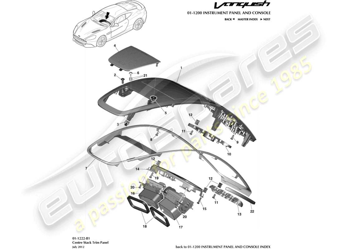 aston martin vanquish (2015) teilediagramm für die mittelkonsolenverkleidung