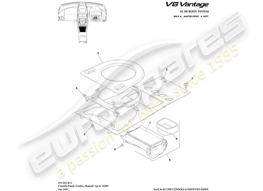 aston martin v8 vantage (2006) frontkonsole, manuell, bis 16my ersatzteildiagramm