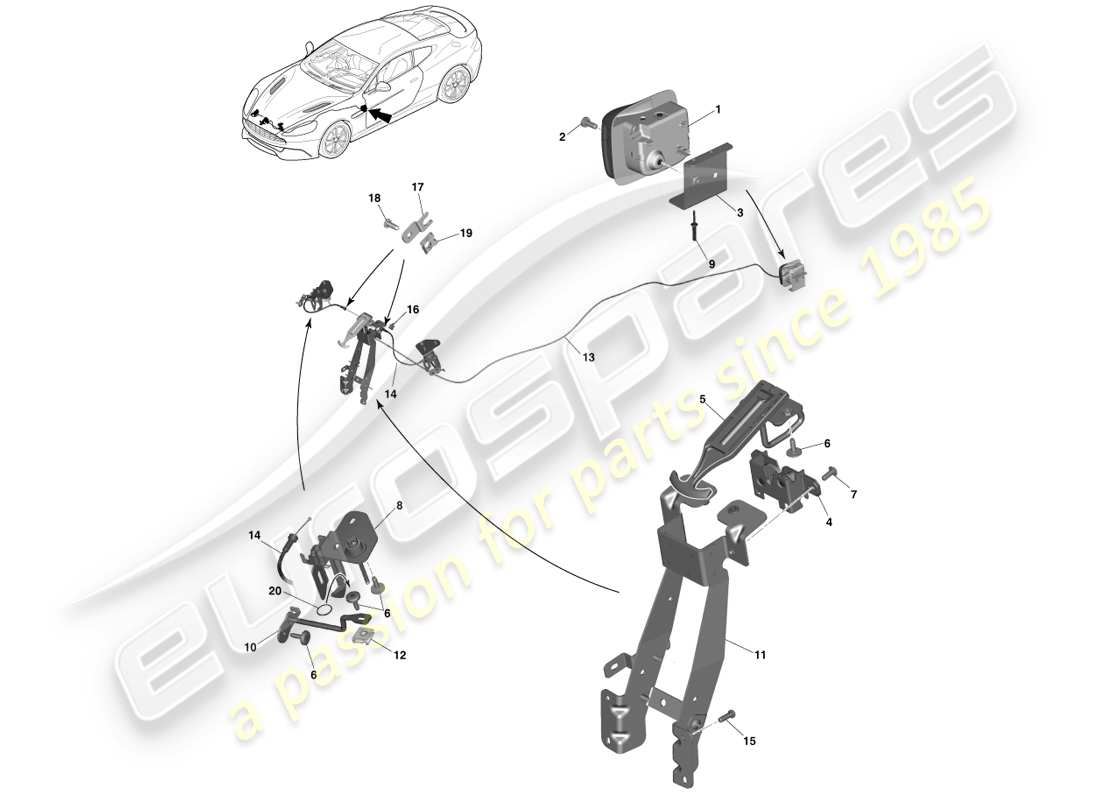 aston martin vanquish (2014) teilediagramm für motorhaubenverriegelung und -betätigung