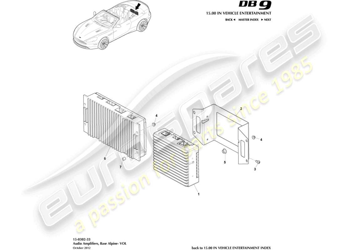 aston martin db9 (2017) verstärker, alpine, volante-teilediagramm