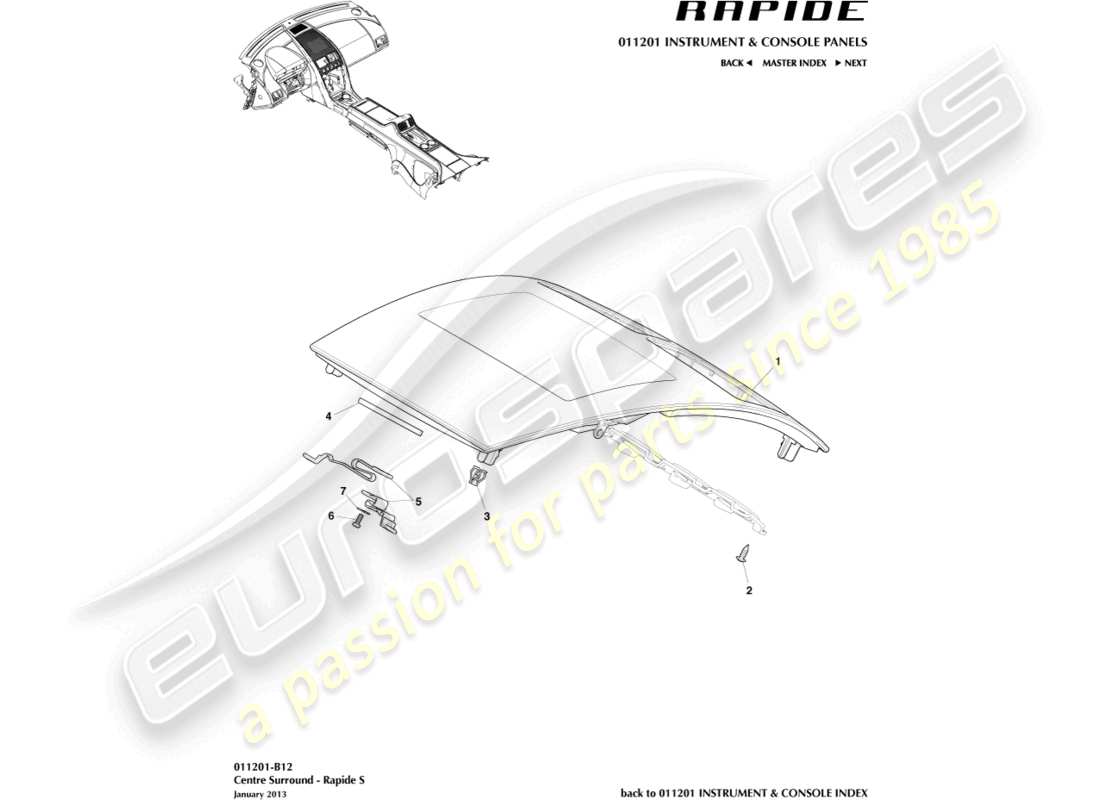 aston martin rapide (2011) mittelkonsolenverkleidung, s-teilediagramm