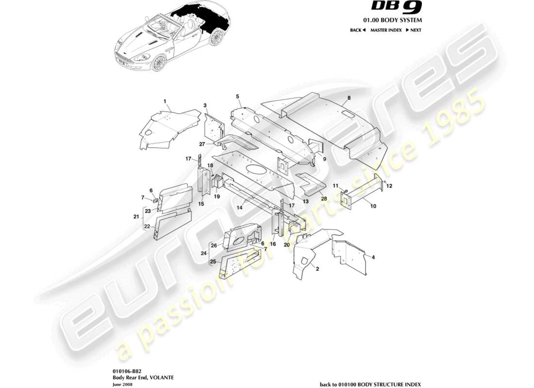 aston martin db9 (2008) karosserieheck, volante-ersatzteildiagramm