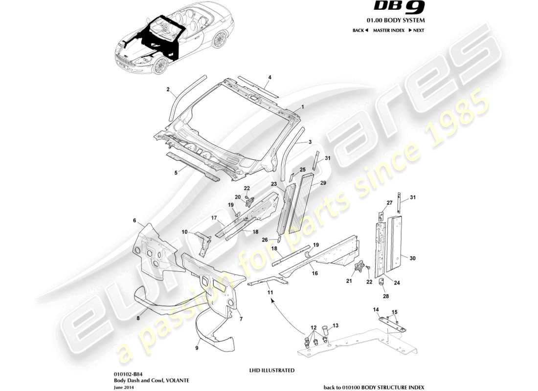 aston martin db9 (2010) karosserie, armaturenbrett und motorhaube, volante-ersatzteildiagramm