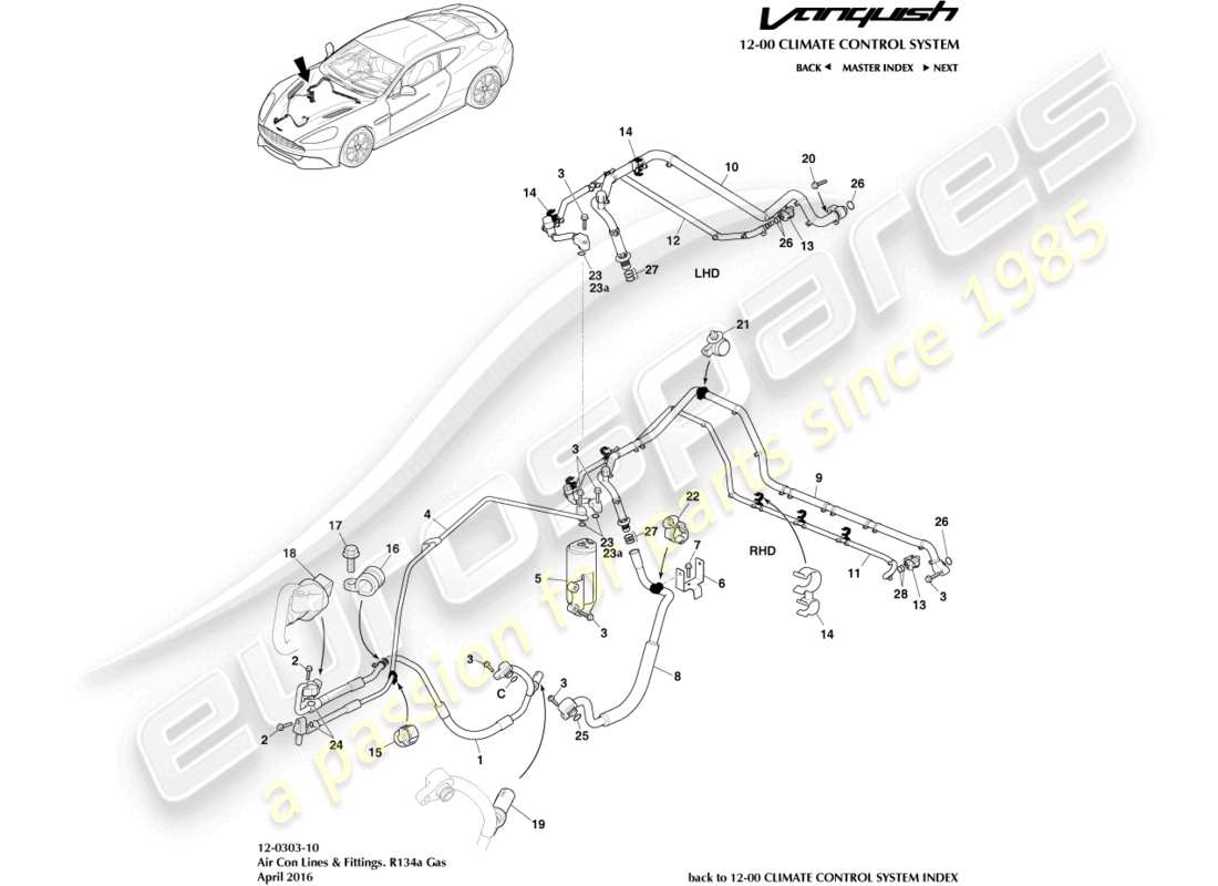 aston martin vanquish (2018) klimaanlagenleitungen, r134a gas teilediagramm