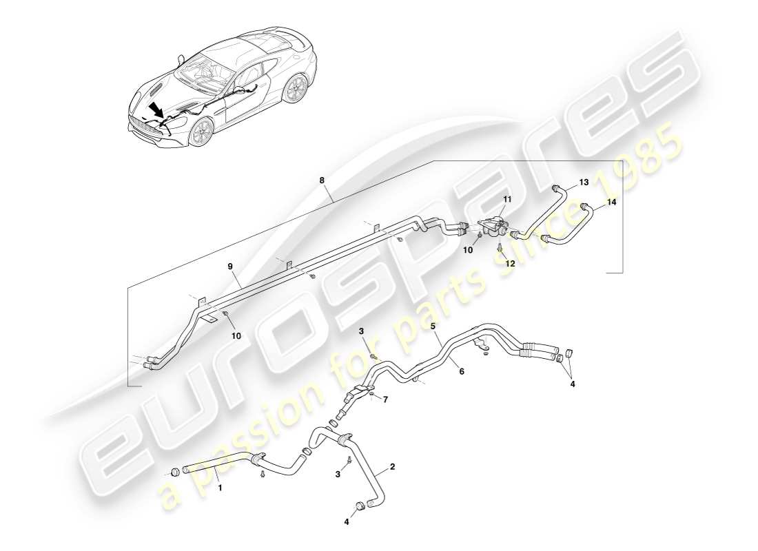 aston martin vanquish (2013) teilediagramm für getriebeölkühlerleitungen