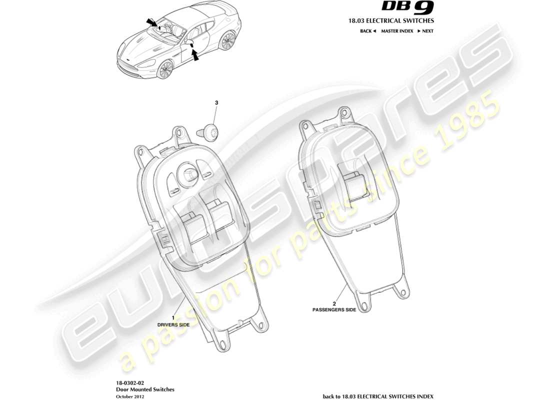 aston martin db9 (2013) teilediagramm für an der tür montierte schalter