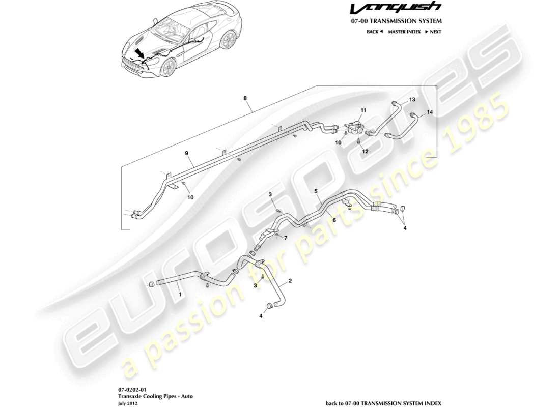 aston martin vanquish (2015) teilediagramm für getriebeölkühlerleitungen