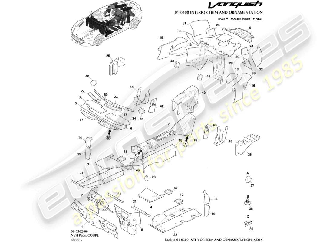 aston martin vanquish (2015) nvh-beläge, coupé-teilediagramm