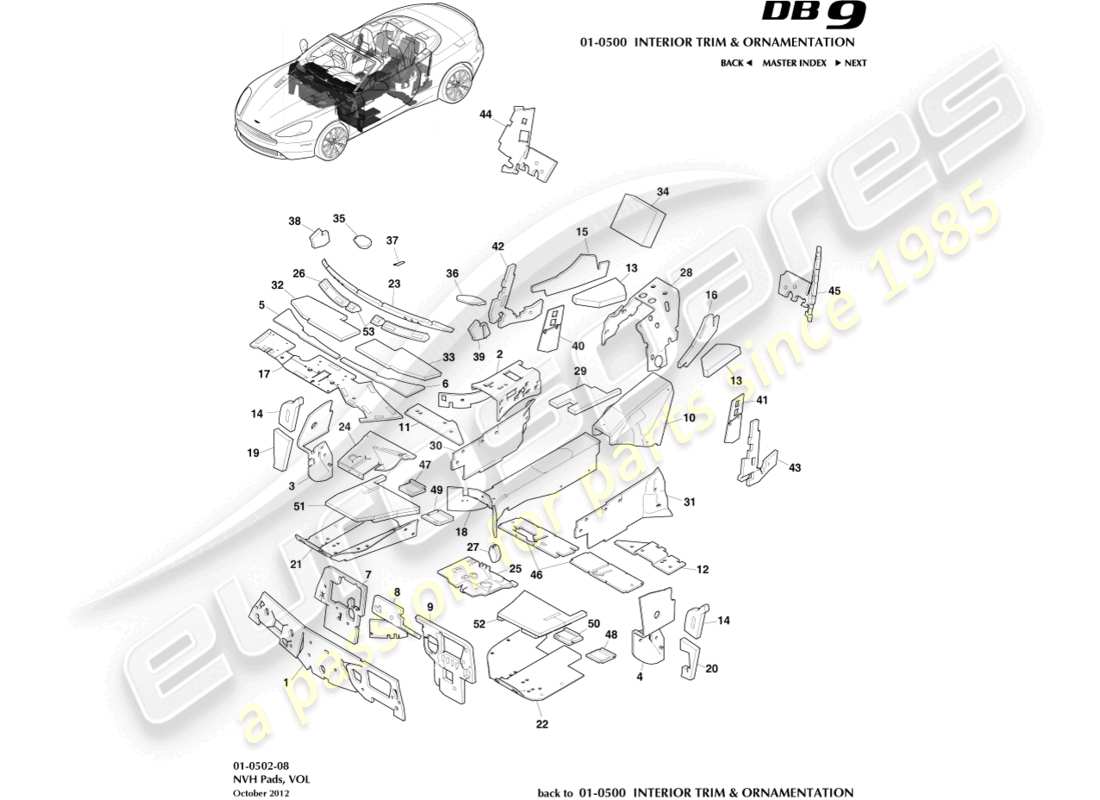 aston martin db9 (2017) nvh-beläge, volante-ersatzteildiagramm