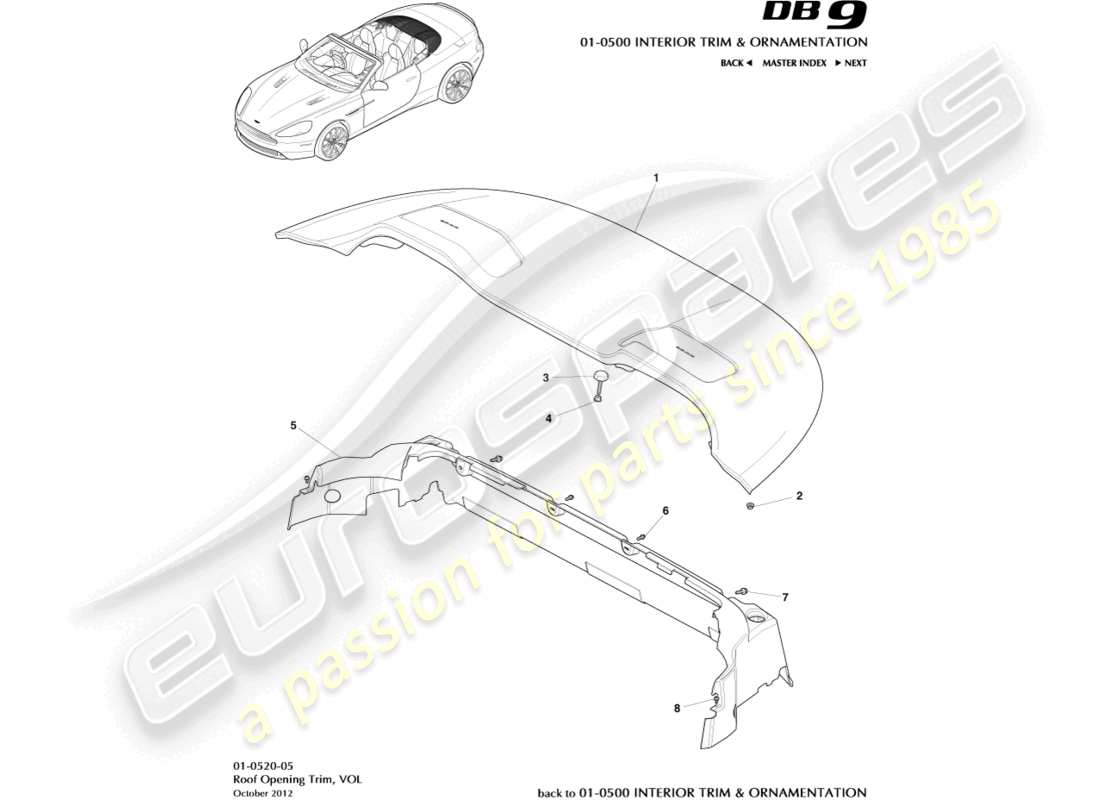 aston martin db9 (2014) dachöffnungsverkleidung, volante-ersatzteildiagramm