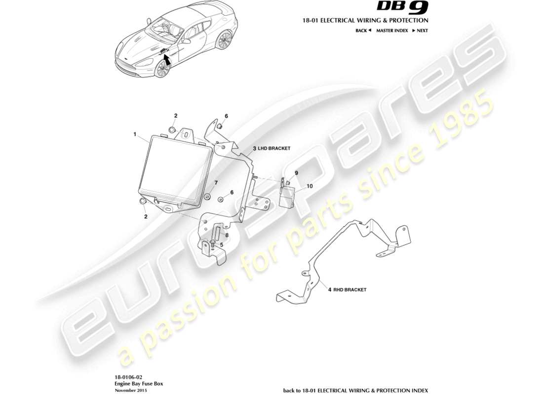 aston martin db9 (2014) teilediagramm des sicherungskastens im motorraum