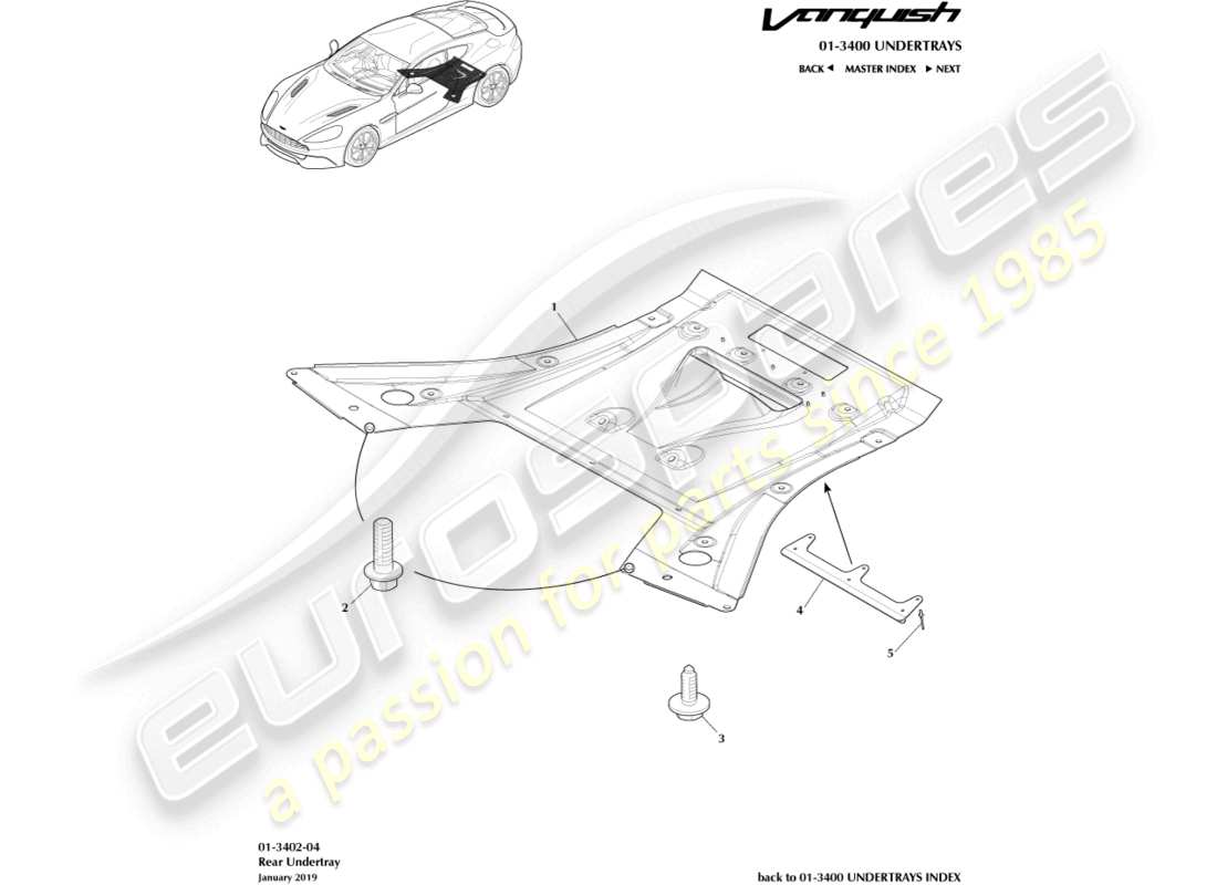 aston martin vanquish (2018) unterboden hinten, coupé teilediagramm