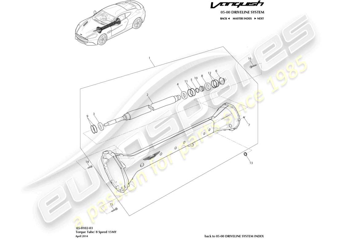 aston martin vanquish (2018) drehmomentrohrbaugruppe, 8 spd teilediagramm