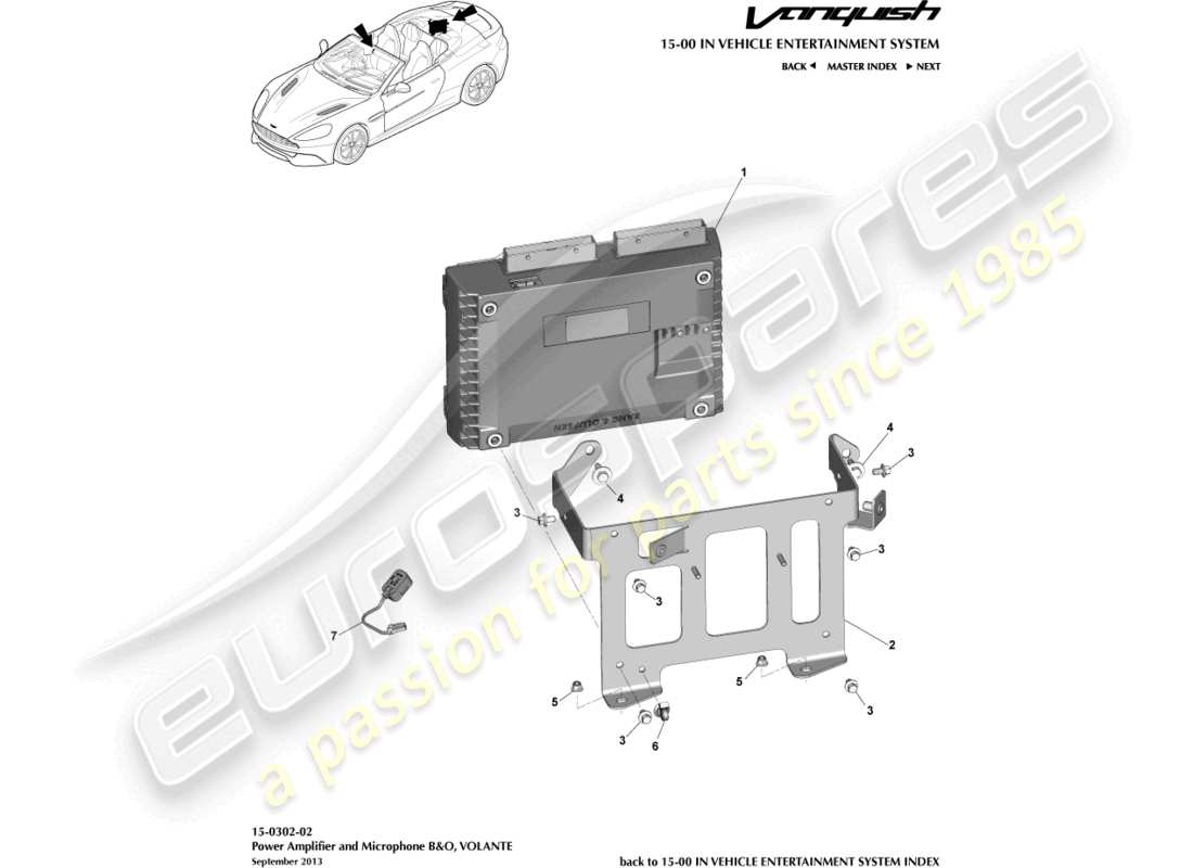 aston martin vanquish (2016) verstärker, b&o, volante-teilediagramm