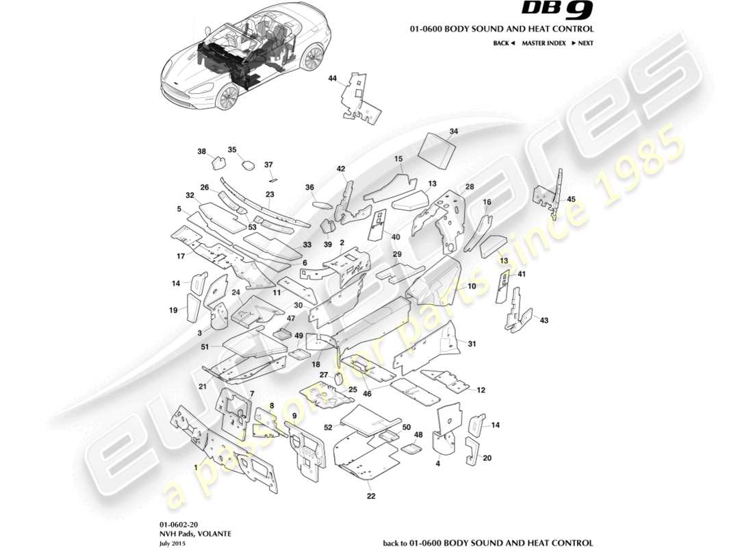aston martin db9 (2017) nvh-beläge. volante-teilediagramm