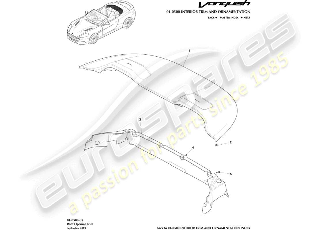 aston martin vanquish (2016) dachöffnungsverkleidung, volante-ersatzteildiagramm