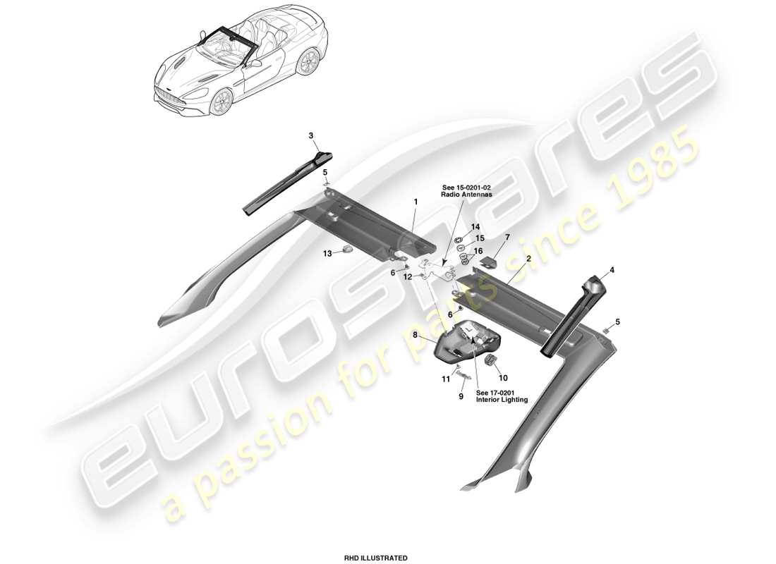 aston martin vanquish (2014) frontkopfverkleidung, volante-ersatzteildiagramm