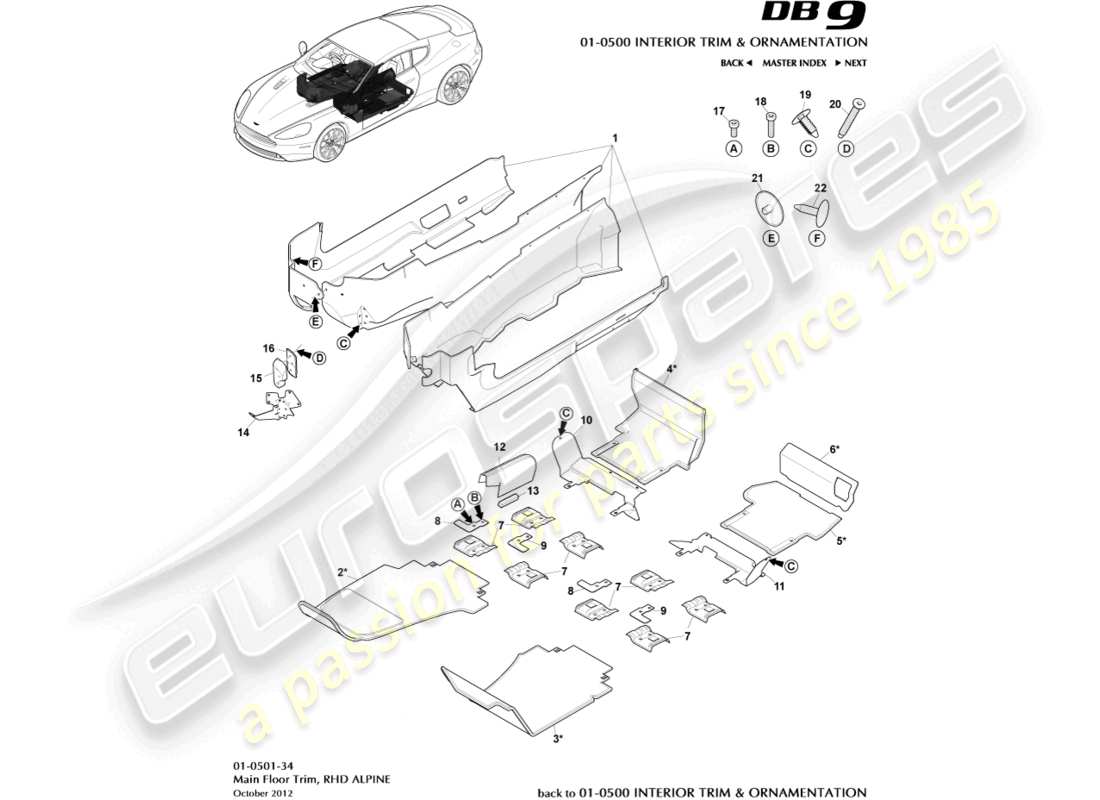 aston martin db9 (2016) hauptbodenverkleidung, rhd, alpine-ersatzteildiagramm