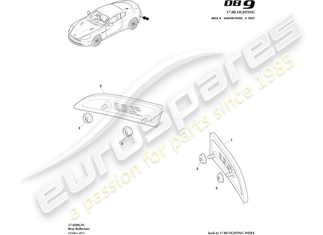 aston martin db9 (2017) teilediagramm für rückreflektoren