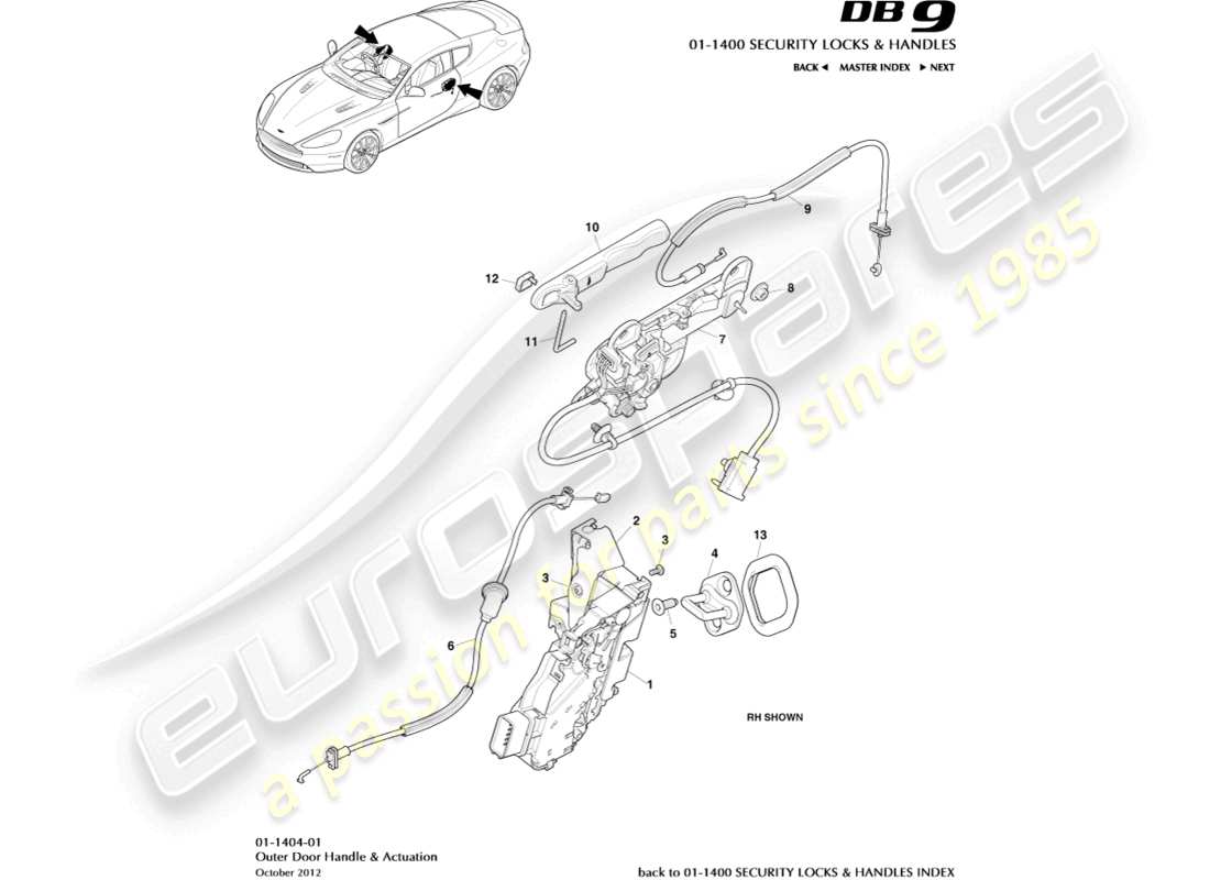 aston martin db9 (2013) teilediagramm für äußere griffe und betätigung