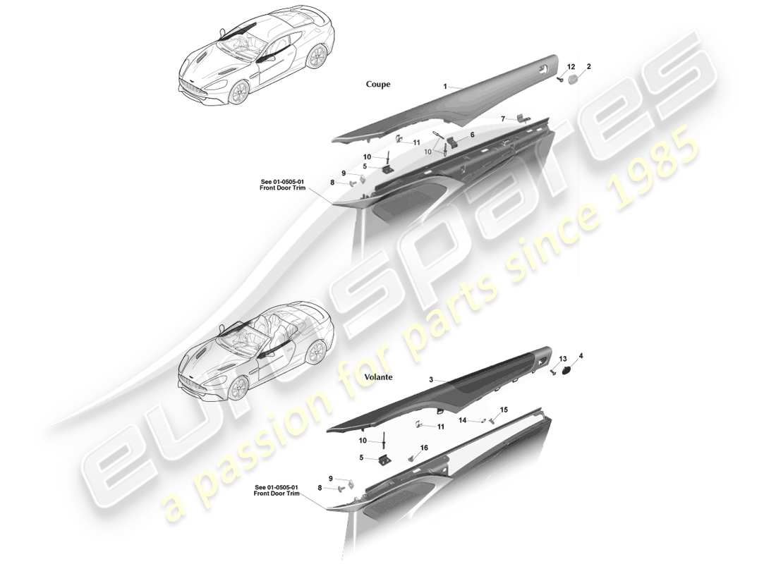 aston martin vanquish (2013) teilediagramm für obere türrolle