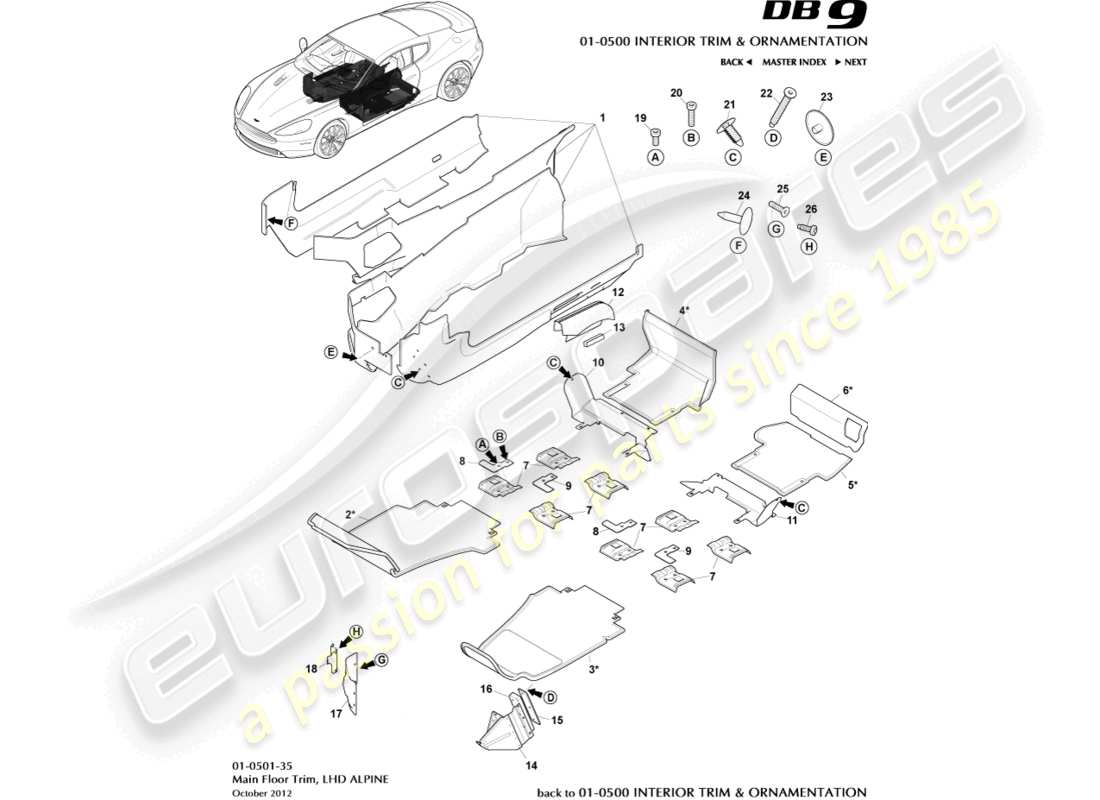 aston martin db9 (2014) hauptbodenverkleidung, linkslenkung, alpine-ersatzteildiagramm