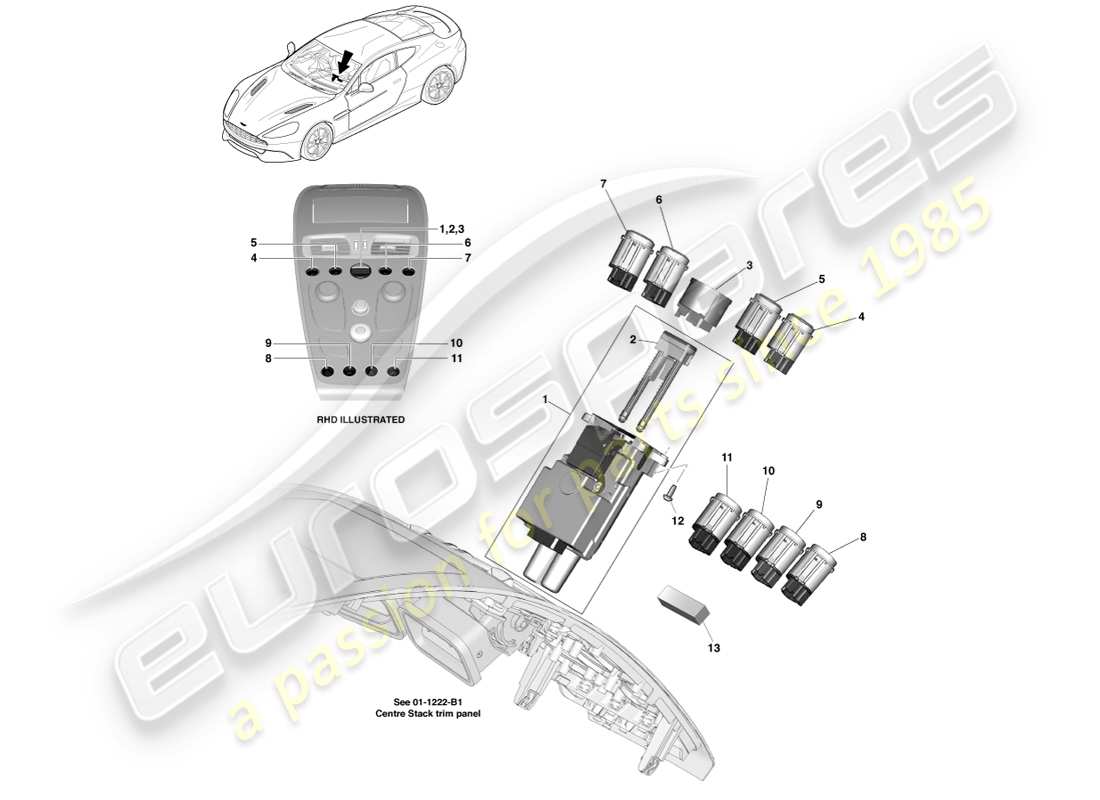 aston martin vanquish (2014) teilediagramm für mittelkonsolenschalter