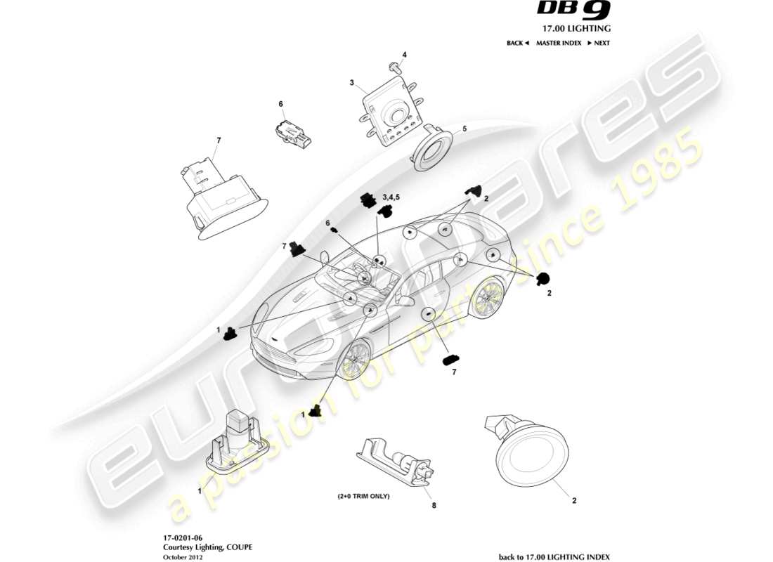 aston martin db9 (2015) innenbeleuchtung, coupé-ersatzteildiagramm