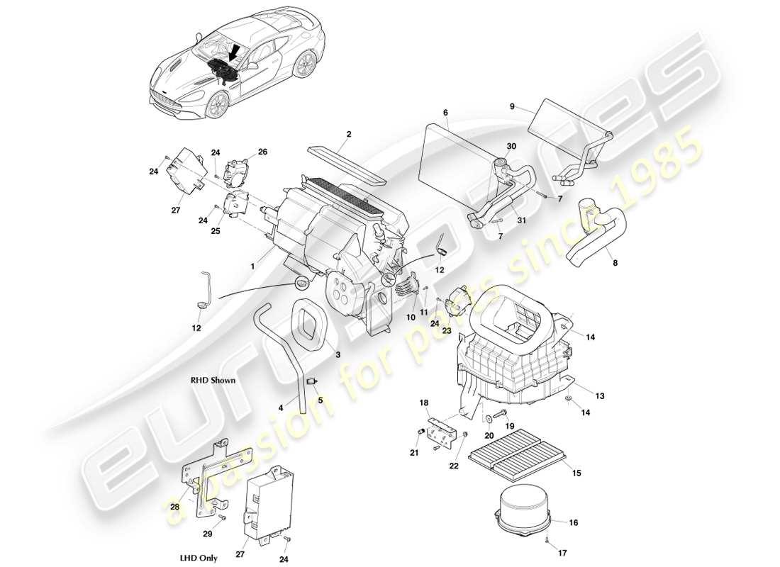 aston martin vanquish (2013) teilediagramm der hlk-einheit