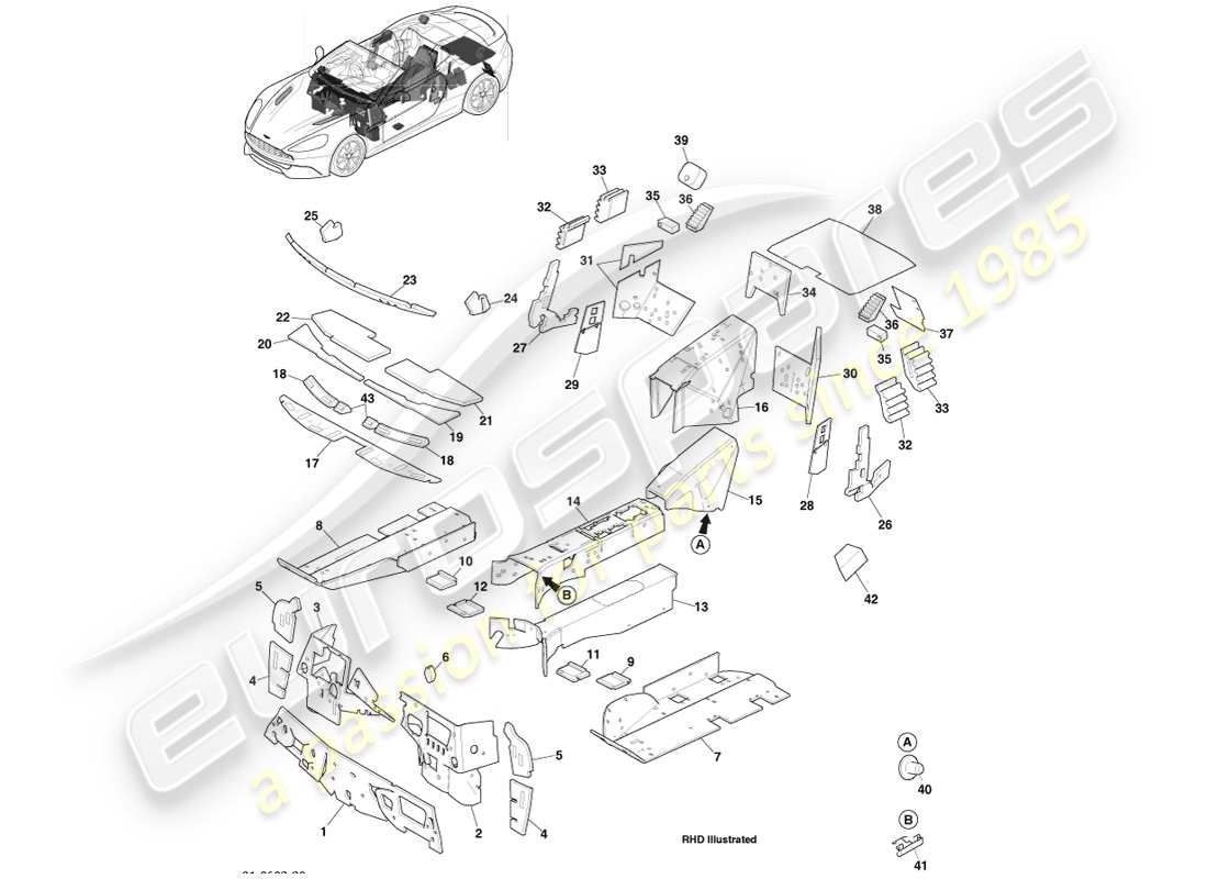 aston martin vanquish (2013) geräuschisolierung, volante-teilediagramm