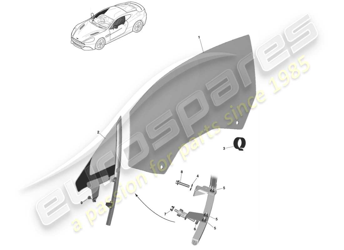 aston martin vanquish (2014) teilediagramm für vordertürglas