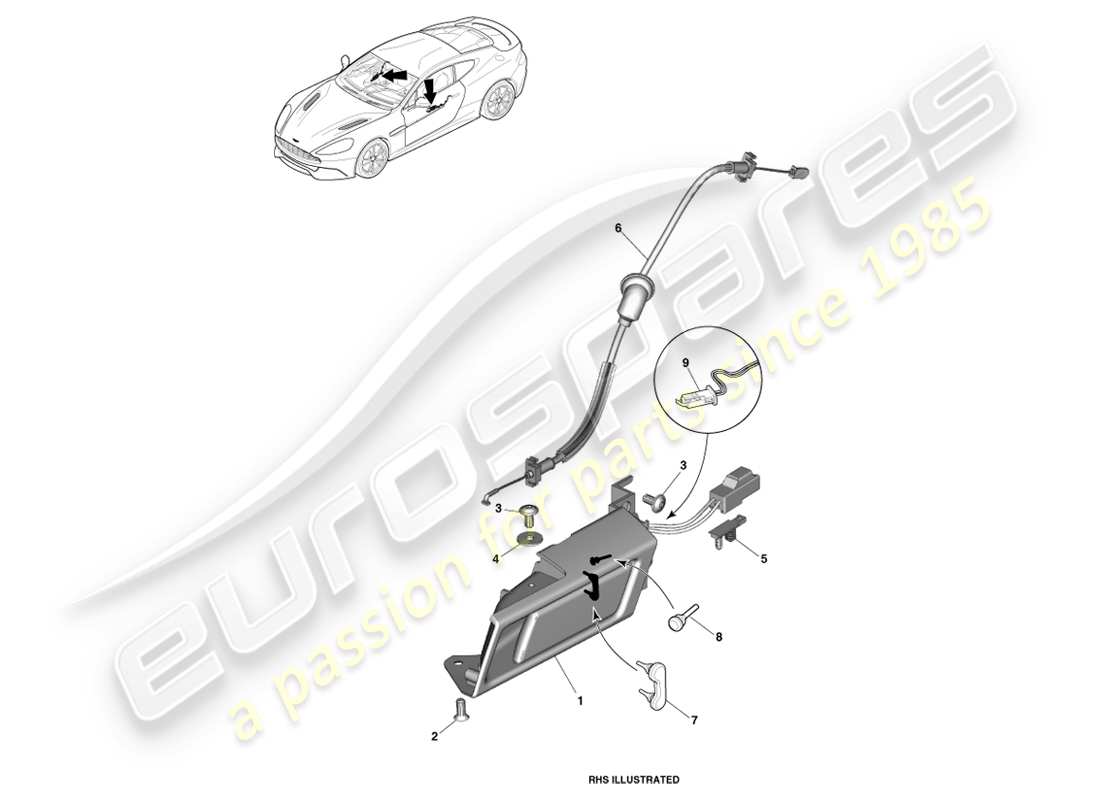 aston martin vanquish (2013) teilediagramm für innengriffe und betätigung