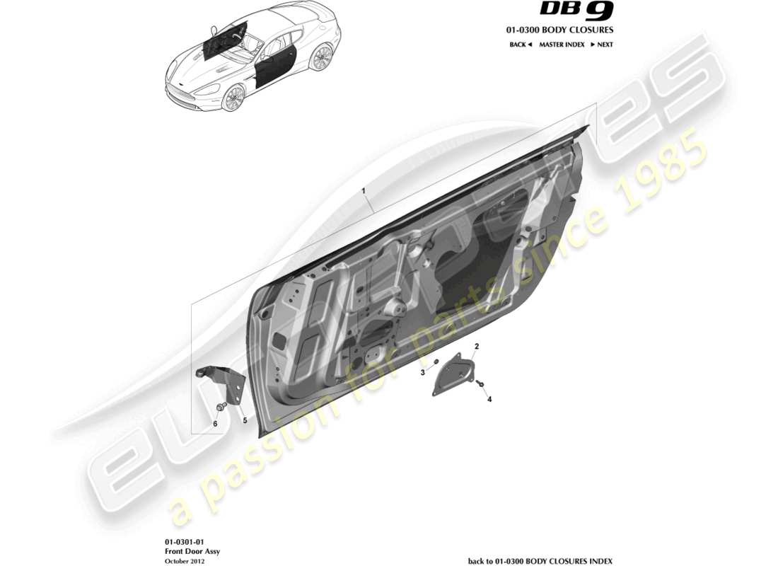 aston martin db9 (2016) teilediagramm der vordertürbaugruppe