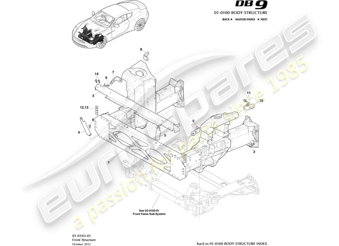 aston martin db9 (2016) teilediagramm der frontstruktur