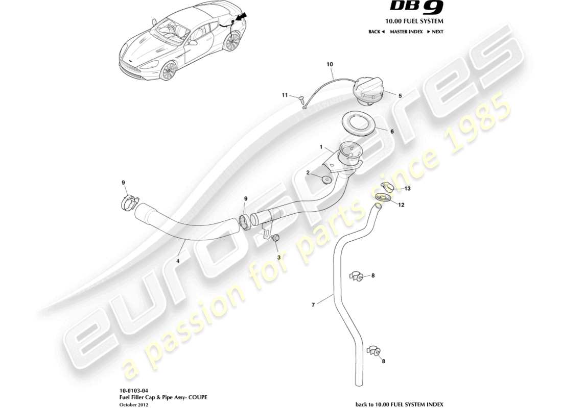 aston martin db9 (2013) tankfüllstutzen-baugruppe, coupé-ersatzteildiagramm