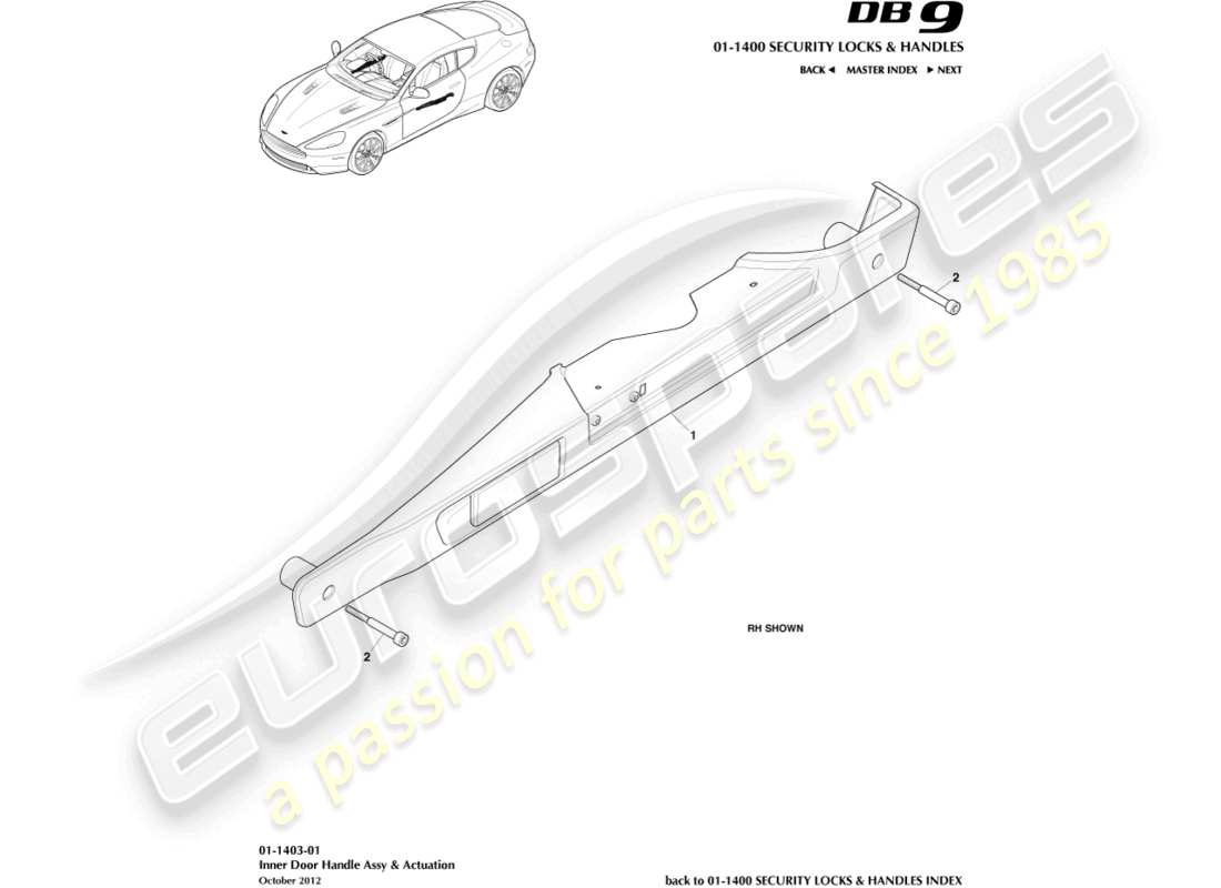 aston martin db9 (2013) teilediagramm für innengriffe und betätigung