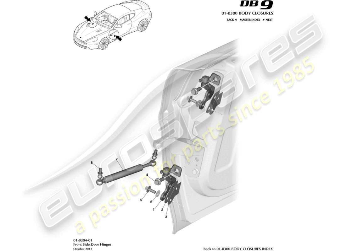 aston martin db9 (2013) teilediagramm der türscharnierbaugruppe