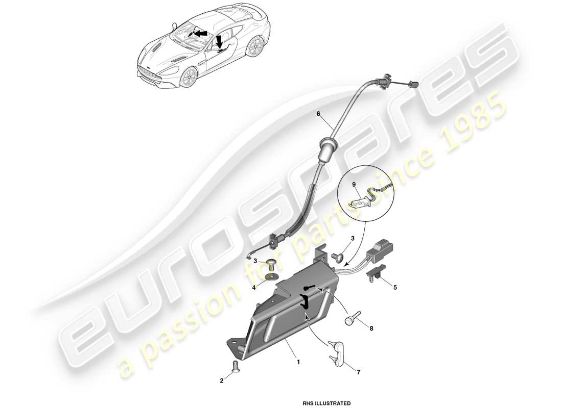 aston martin vanquish (2014) teilediagramm für innengriffe und betätigung