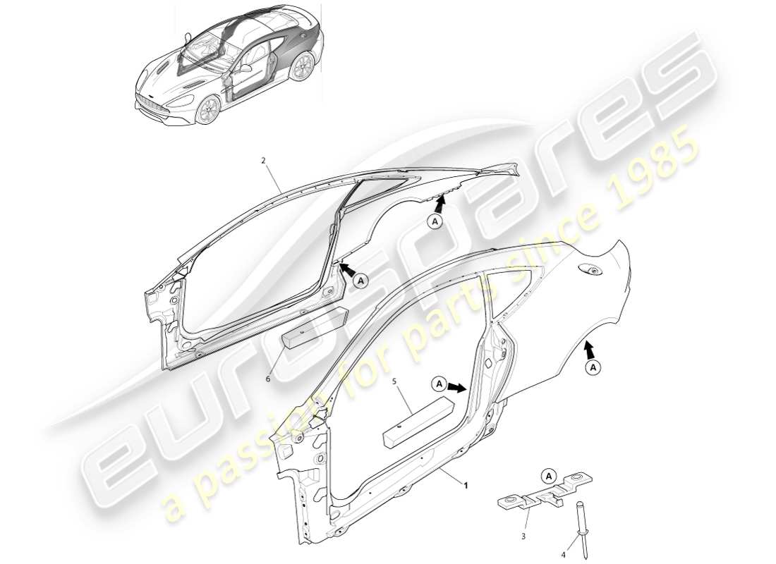 aston martin vanquish (2013) karosserieseite, coupé-teilediagramm