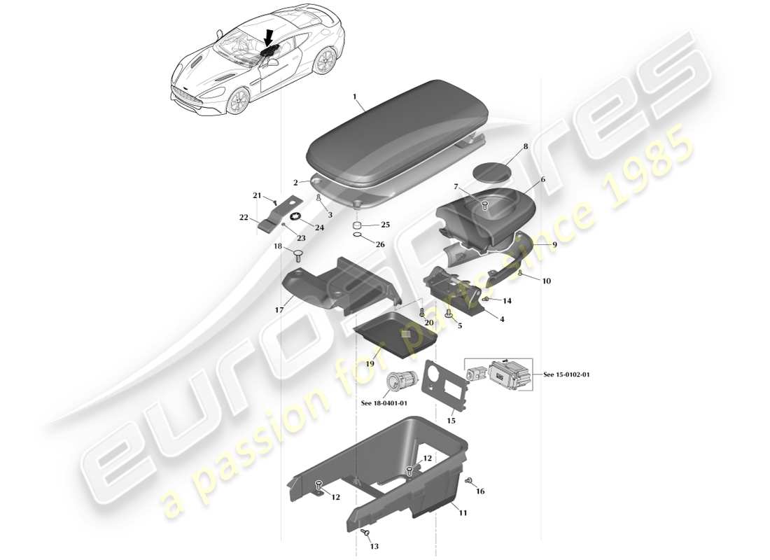 aston martin vanquish (2013) armlehne der mittelkonsole, seite 1 teilediagramm