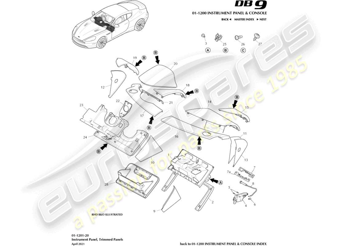 aston martin db9 (2015) teilediagramm für ip-beschnittene platten
