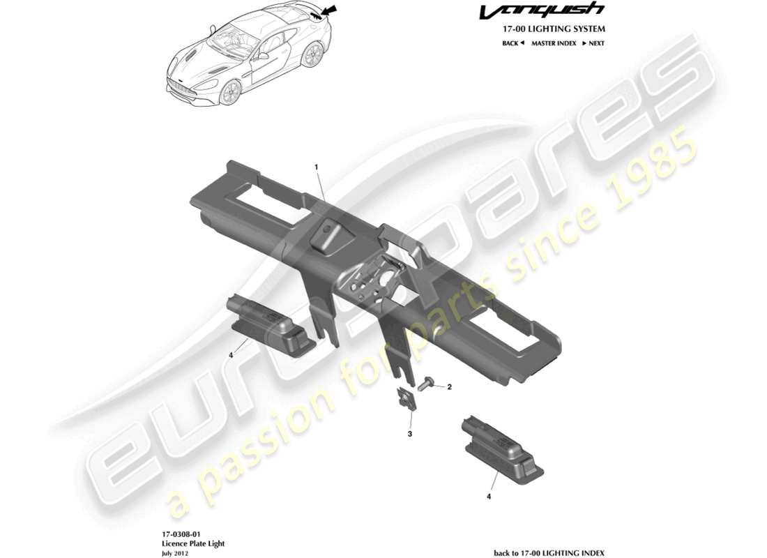 aston martin vanquish (2018) kennzeichenleuchten teilediagramm